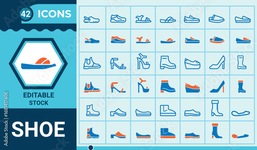 shoe line and solid icons set.Shoe icon collection. running shoe,footwear, heel and more. vector illustration.