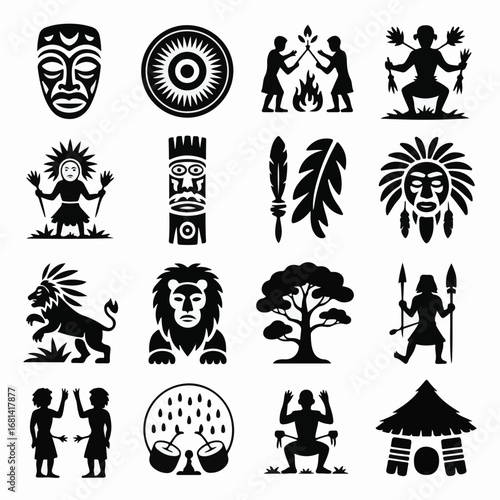 Collection of black and white icons depicting African tribal culture and wildlife mask