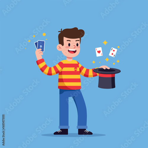 Magician Conjuring Cards with Top Hat Against Blue Background