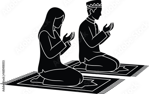 Muslim man and woman praying together on prayer mats, performing dua in traditional Islamic clothing, spiritual worship vector illustration.