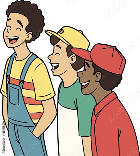 Vector illustration of two young men happily walking together while enjoying a cheerful conversation outdoors