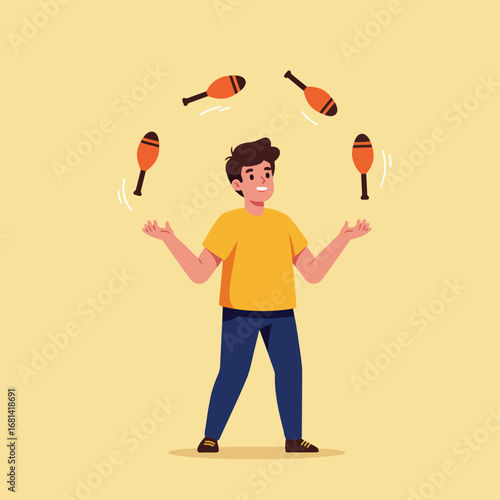 Man Juggling Clubs in a Studio