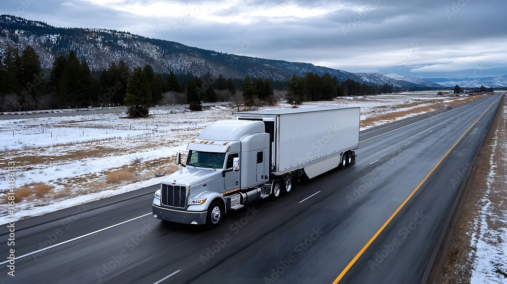 Obraz premium A large semi-truck transporting cargo travels along a snow-covered highway through a scenic mountainous landscape.