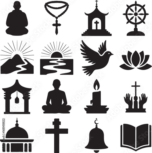 Religious and spiritual symbols silhouette icons Keywords: religion, spirituality, faith, belief