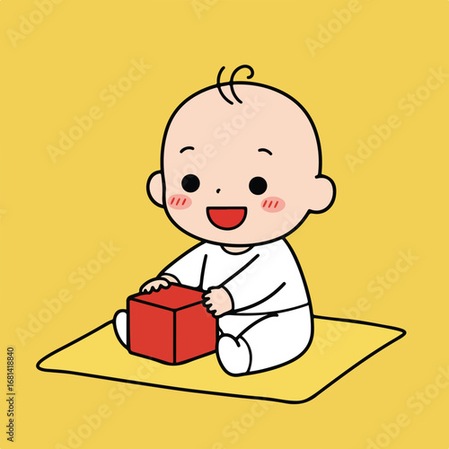 Cartoon Baby Playing with a Red Block on a Yellow Background