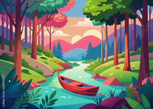 Vibrant cartoon forest scene with a red canoe on a winding river