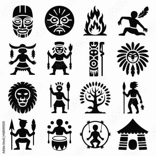 African Tribal Culture Symbols Icons Set Silhouette Art vector illustration