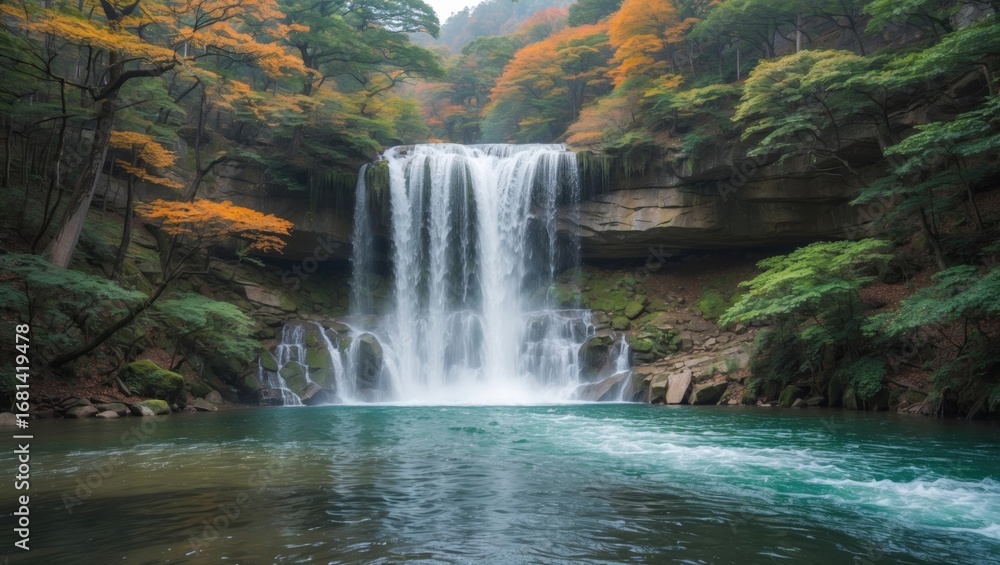 Obraz premium Serene waterfall surrounded by dense forest in a scenic national park, vibrant and picturesque landscape