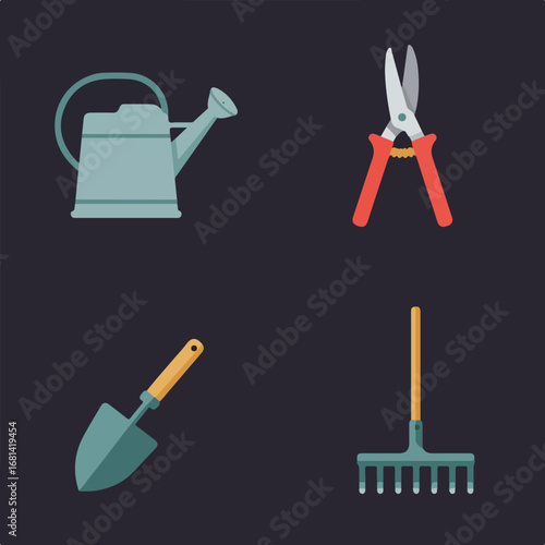 Garden Tools Arranged on a Dark Background