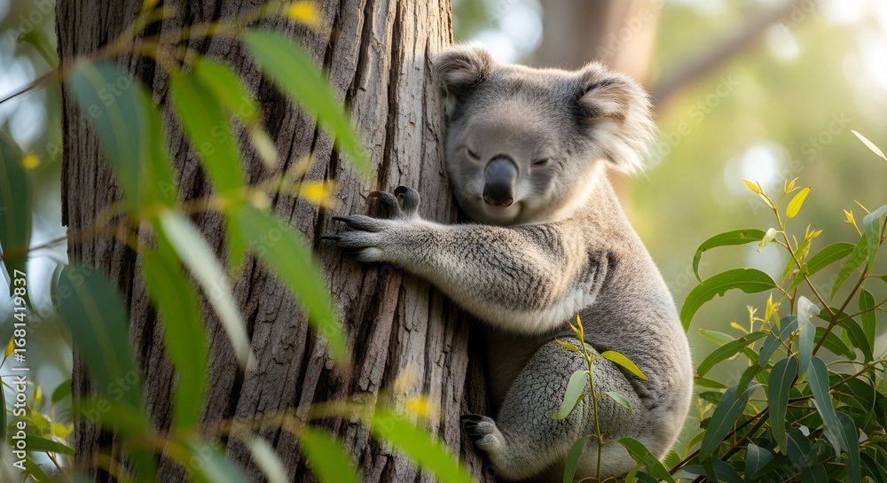 Fototapeta premium Adorable koala bear clinging to eucalyptus tree trunk in australia wildlife photography