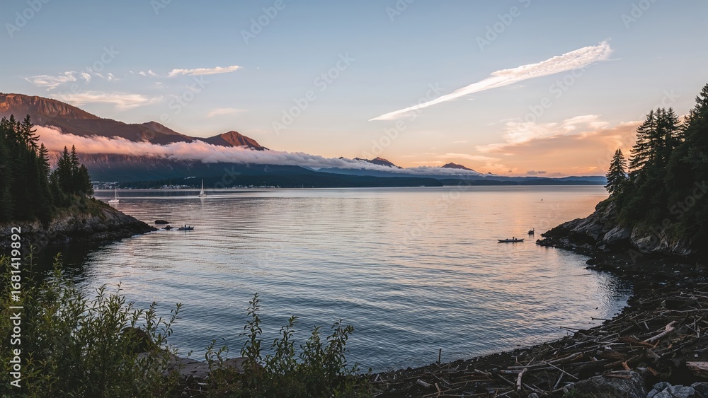 Fototapeta premium Travel Destination Featuring Sunset, Water, and Foggy Nature