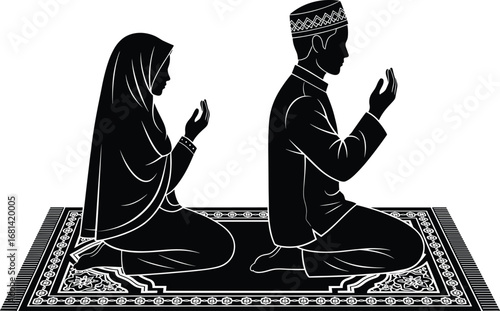 Muslim man and woman praying together on prayer rug in Islamic attire, performing dua in spiritual religious posture.