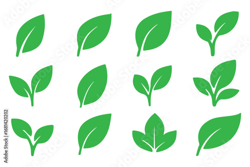 Leaf sprout icon vector set, green leaves plant eco logo symbol simple graphic illustration set, vegan fresh herb pictogram shape sign, organic natural healthy logotype eps 1