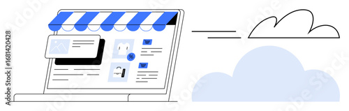 Laptop with storefront awning featuring online shop interface, product listings, cloud icon. Ideal for e-commerce, digital marketing, cloud technology, online business, website design, retail
