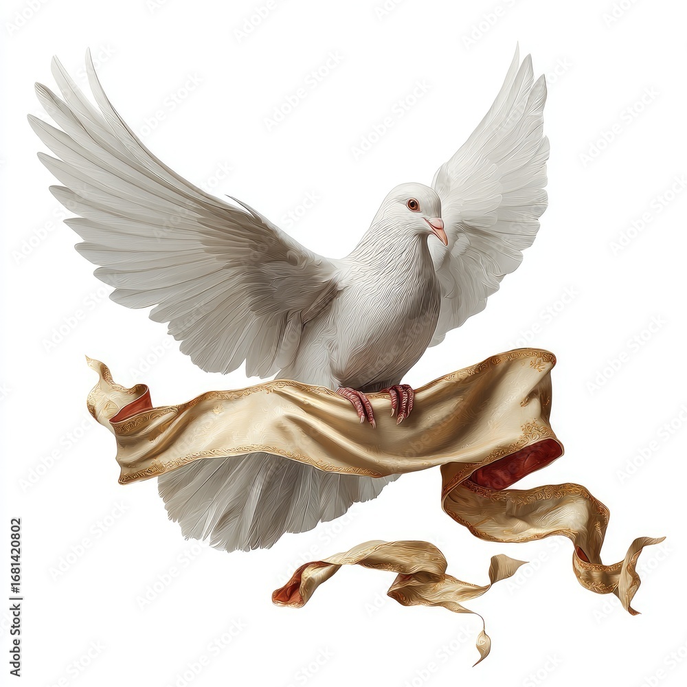 Obraz premium White dove in flight, holding a golden ribbon