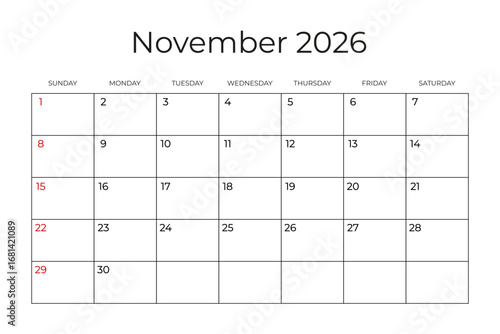 Printable Monthly Calendar template for November 2026. Week Starts on SUNDAY. Wall Calendar in a Minimalist Style. Simple and clean design. Ready to print. Vector illustration