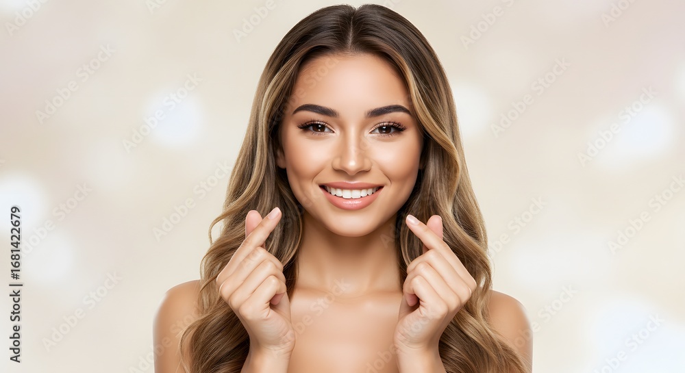 Obraz premium Beautiful Woman with Heart Hands and a Perfect Smile