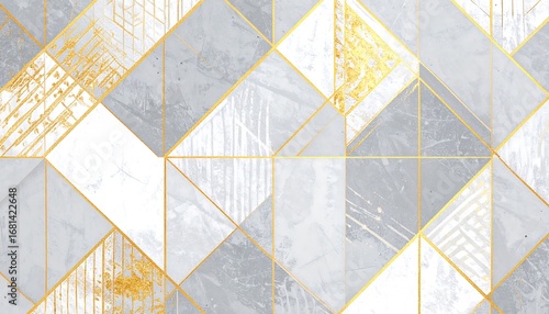 A geometric pattern design featuring interlocking triangles in a mix of gray and white tones, accented by gold lines and textures, creating a sophisticated and modern aesthetic.