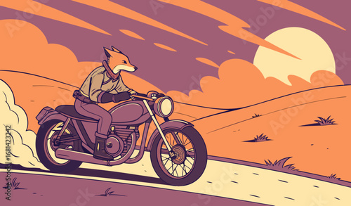 A fox driving a retro motorcycle down a desert highway, dust clouds and sunset lighting, cinematic action shot, photorealistic and stylish."