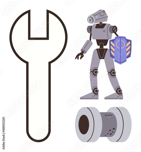 Robot holding a shield, a large wrench, and a mechanical part. Ideal for technology, safety, automation, robotics, engineering repair futuristic design. Simple flat metaphor