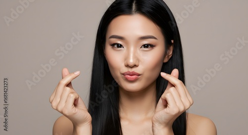 Asian woman making Korean heart sign, love gesture, beauty concept