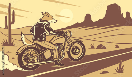 A fox driving a retro motorcycle down a desert highway, dust clouds and sunset lighting, cinematic action shot, photorealistic and stylish."