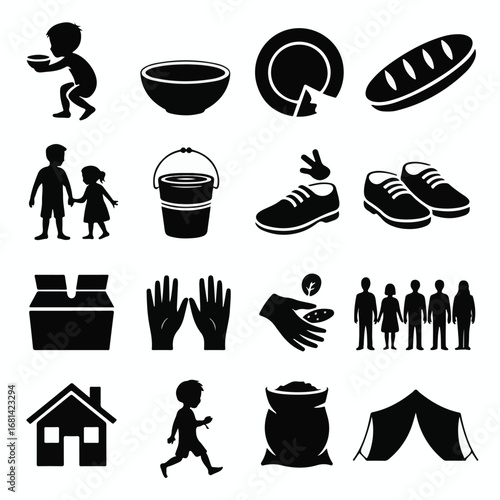 Collection of black silhouette icons representing basic human needs and activities Keywords
