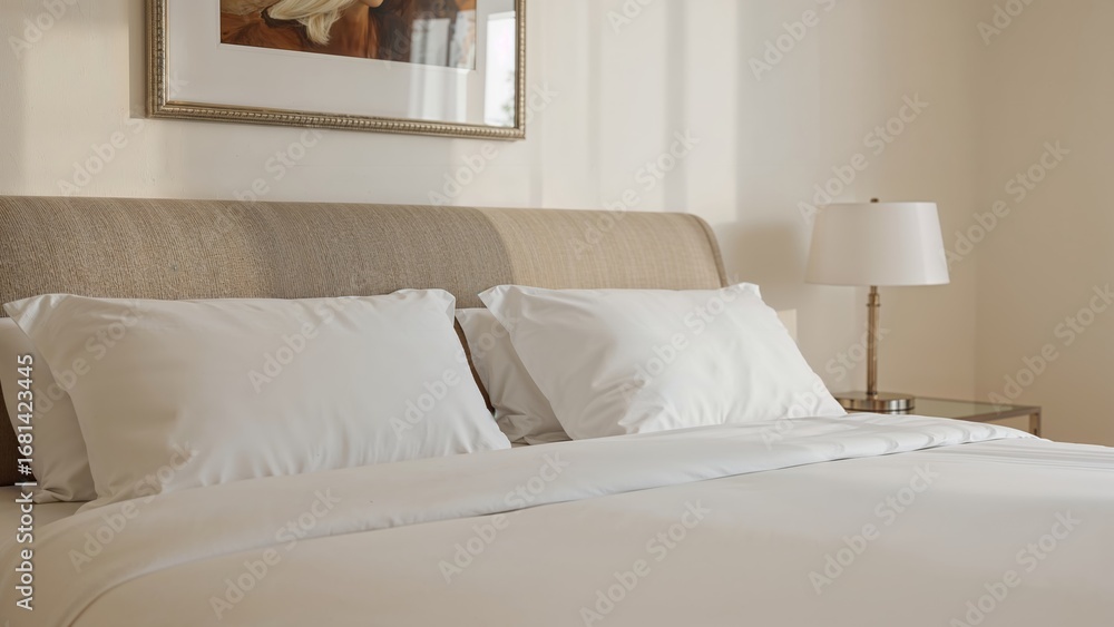 Obraz premium Room setup with white pillows and bed covers, decorative frame mounted above the bed