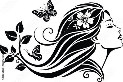 Elegant Woman Profile with Flowing Hair Floral Accents and Butterflies A Symbolic Representation of Beauty and Nature