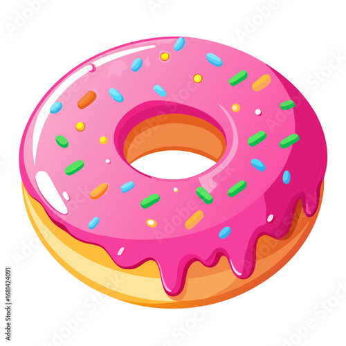 Pink frosted donut with colorful sprinkles isolated on white background