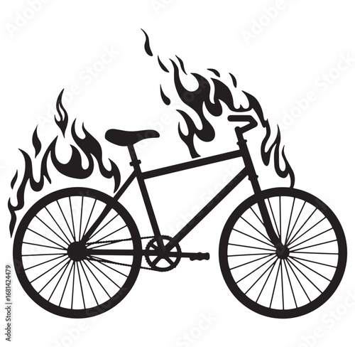 Black and white bicycle with flaming accents illustration representing speed energy and excitement.