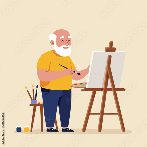 Old man painting on canvas in studio