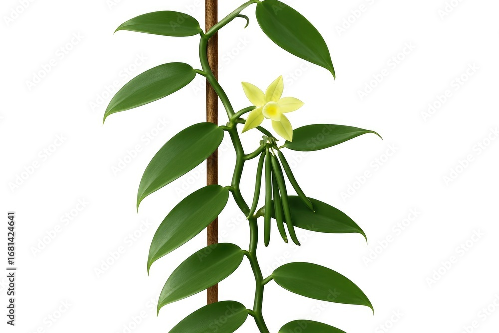 Fototapeta premium Isolated vanilla vine growth spreading from a support structure against a white background