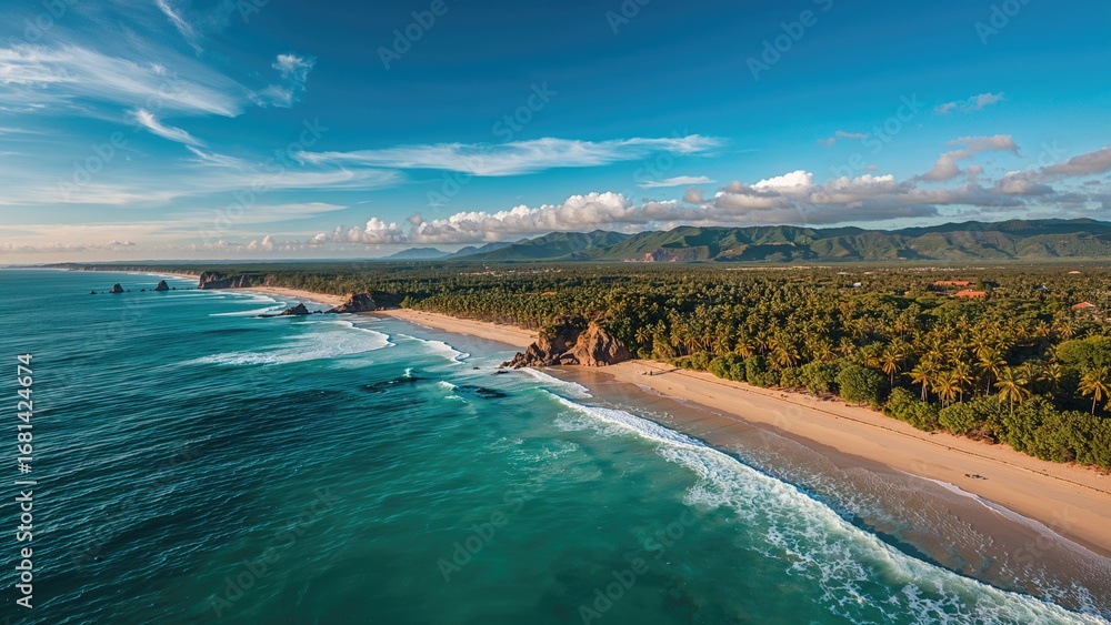 Fototapeta premium Bird's-eye view of a serene beach scene with lush surroundings