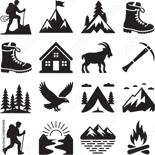 Mountain Climbing And Hiking Icons Silhouette Collection Keywords: mountain, climbing, hiking