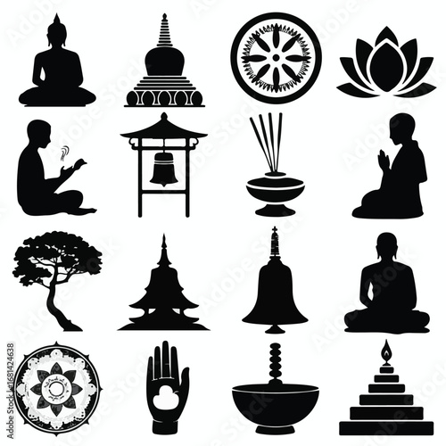 Collection of black silhouette icons representing Buddhist religious symbols and practices