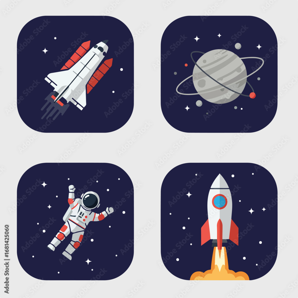 Naklejka premium Rockets fly and explore outer space icons illustrations vector