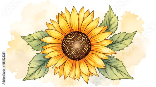 Yellow Sunflower with Green Leaves Watercolor Style Illustration
