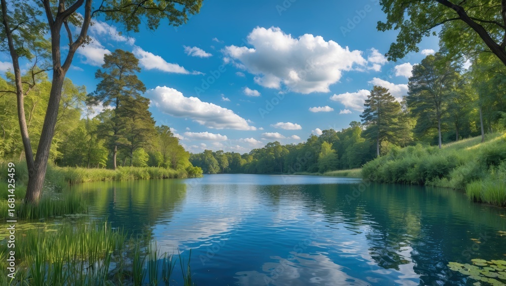 Obraz premium Serene lake scene with dense trees and plant life