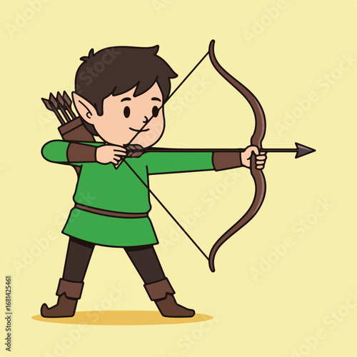 Cartoonish Elf Archer Aiming Arrow With Bow On Plain Backdrop Illustration