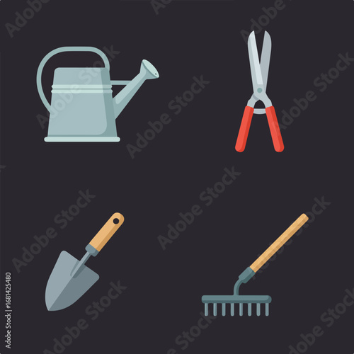 Garden Tools Watering, Digging, Pruning, Raking on Dark Background