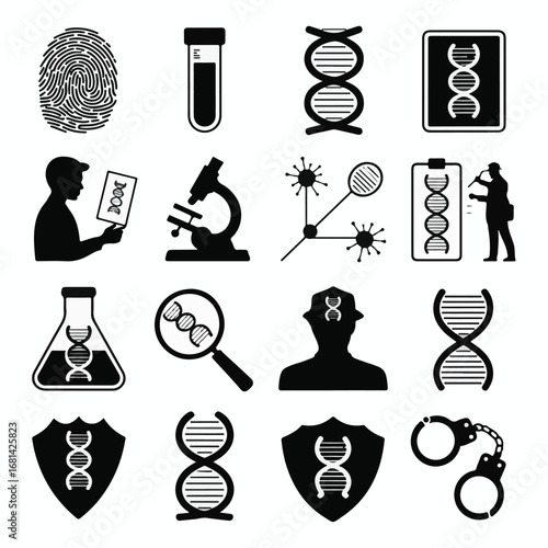 Collection of black silhouette icons representing science and forensic investigation Keywords