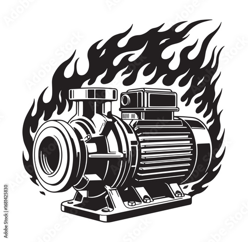 Black and white illustration of a water pump with flames conceptual industrial design