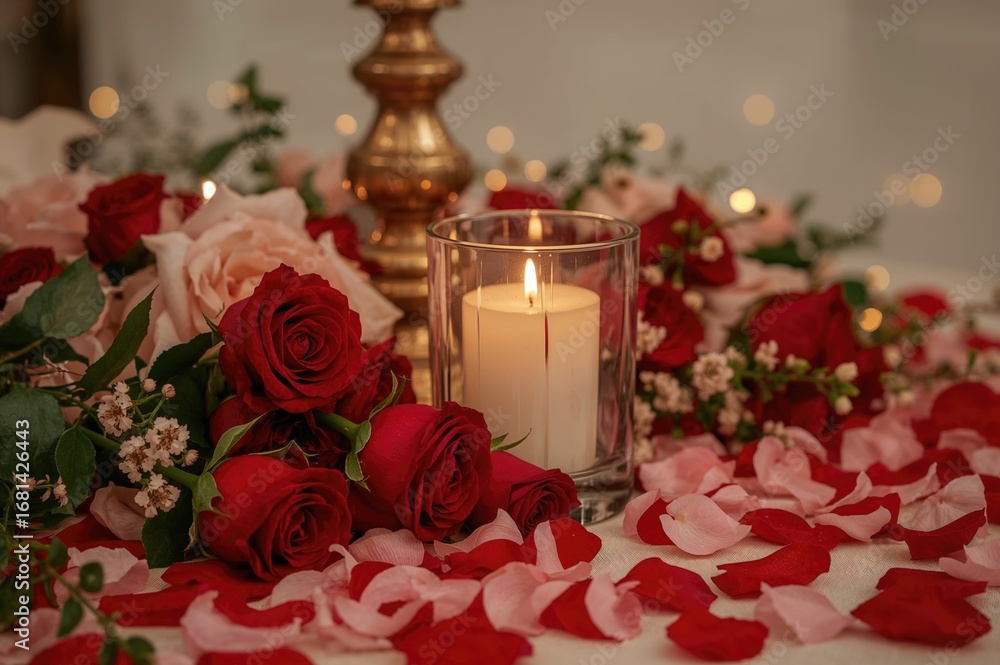 Obraz premium Romantic Setup Featuring Blossoms, a Lamp, and a Glowing Candle