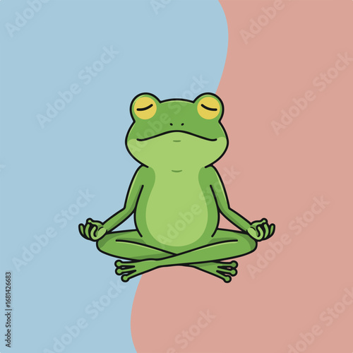Frog Meditating Calmly in Lotus Pose on Colorful Background Illustration