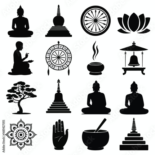 Collection of Buddhist symbols and figures in silhouette buddhism buddha