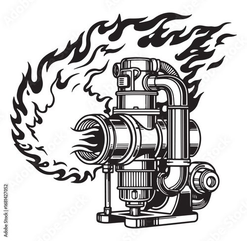 Bold black and white illustration of a mechanical engine with decorative flames
