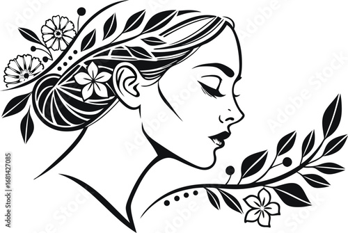 Elegant Woman Silhouette with Floral Accents Minimalist Black and White Design for Beauty or Wellness Brand Aesthetic