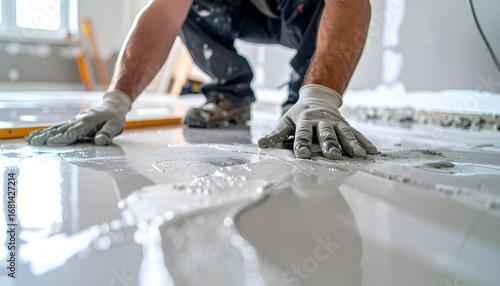 Wallpaper Mural Worker's gloved hands spreading self-leveling floor compound. Home renovation, construction, and modern flooring installation process. Torontodigital.ca