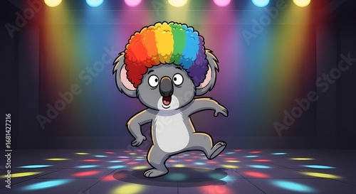 Dancing koala cartoon with rainbow afro wig under disco lights vector illustration
